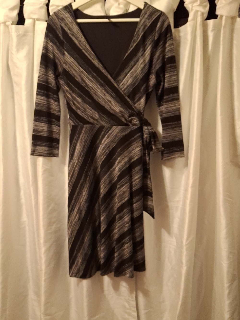 Lapis Striped Wrap Midi Dress in Black and Gray